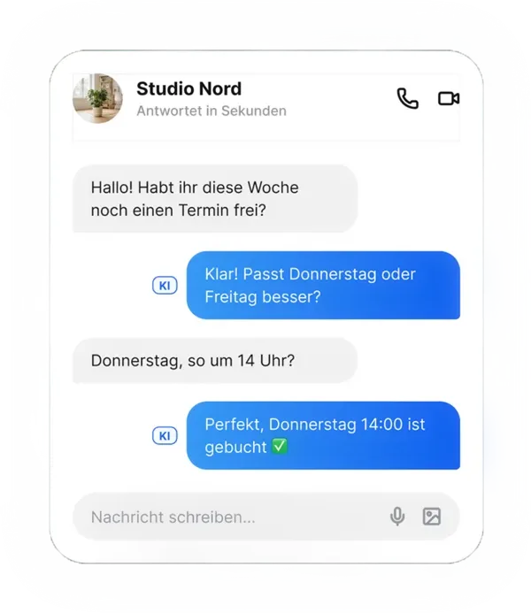 Chatverlauf: die KI beantwortet eine Anfrage und bestätigt einen Termin am Donnerstag