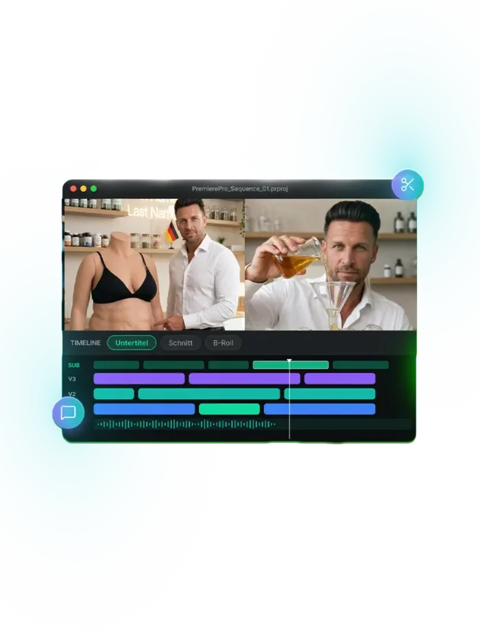 Schnittprogramm mit Zeitleiste, Untertiteln und B-Roll-Spuren
